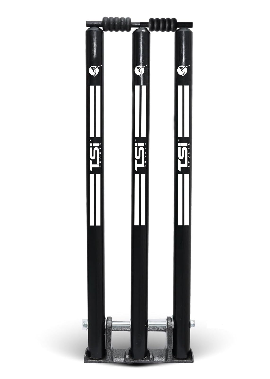TSI Sports Cricket Stumps Set, Spring Back Wooden Stumps with Heavy Duty Base, Practice Ball, with Heavy Duty Spring Stand Base Color Black Pack of 1PC