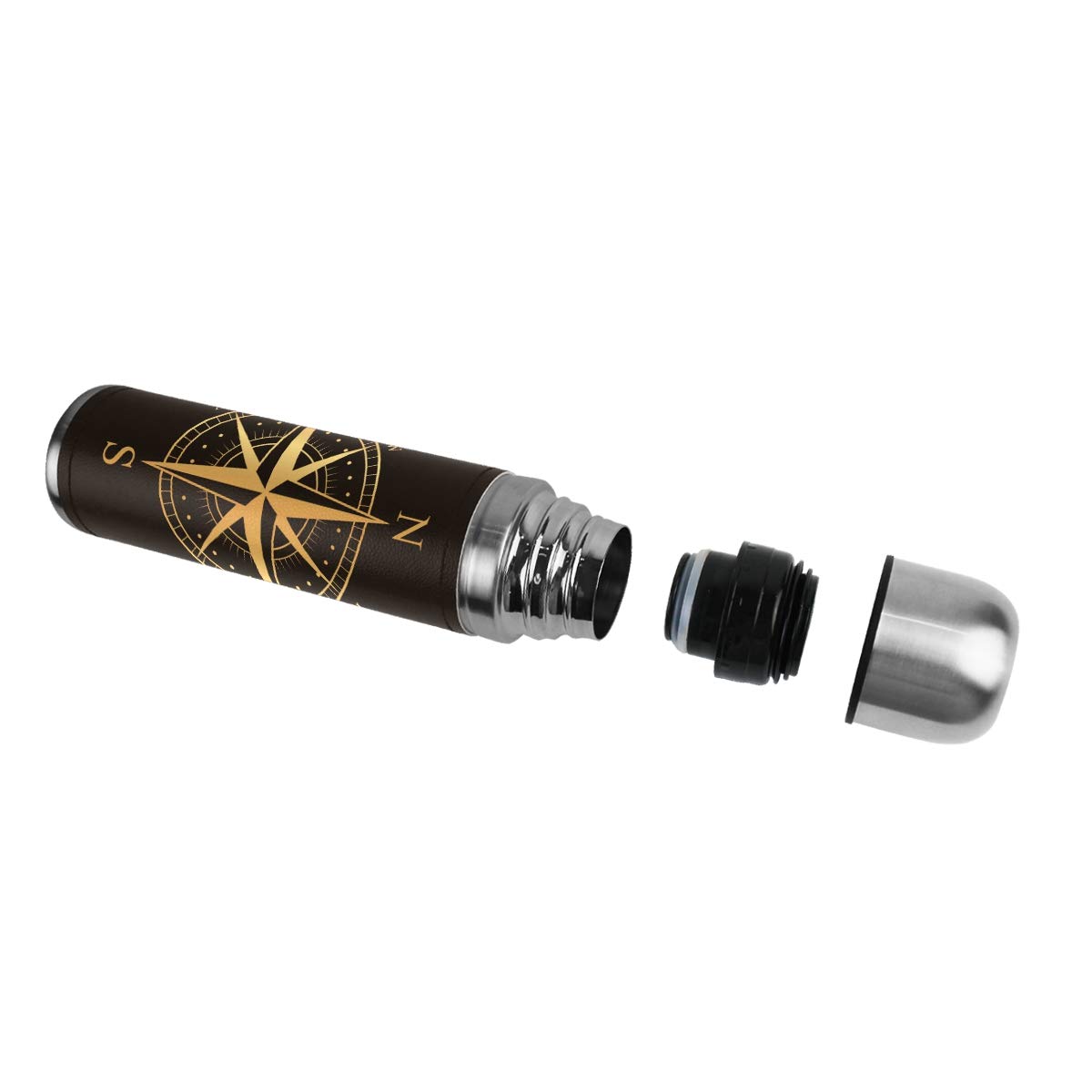Taza de viaje aislada al vacío, de acero inoxidable, doble pared, a prueba de fugas, con impresión de brújula, impresión personalizada impresa en piel auténtica, termo termo de 500 ml