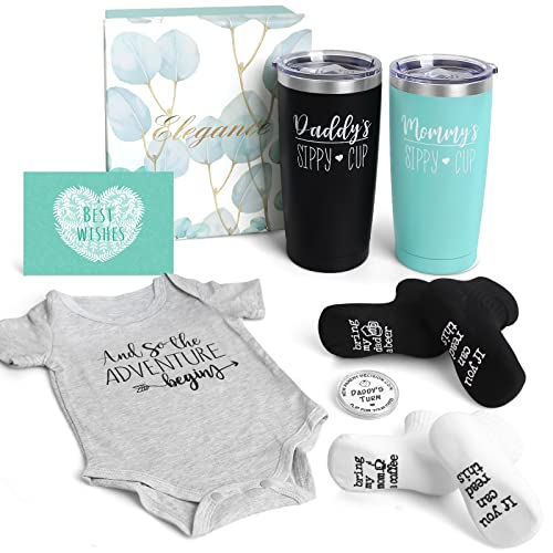 Image of Dosuarue Pregnancy Gifts for First Time Moms, New Mom Gifts for Women with Mom and Dad 20oz Tumbler Set Onesie Baby Socks - Top New Parents Gifts for Couples - Gift for Gender Reveal, Baby Shower…