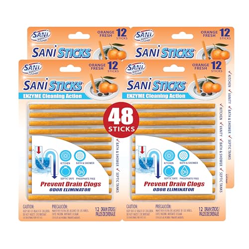 SANI 360 Sani Sticks Drain Cleaner and Deodorizer 48 Count Orange Scent Enzyme Pipe Cleaners Eliminate Odors Prevent Clogged Drains Safe for Sinks Bathtub Drains Septic Tanks