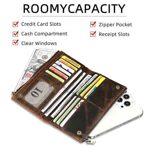 Image of Genuine Crazy Horse Leather Travel Gift Coin Pocket Card Case Long Organizer Chain Rfid Wallet Purse With Snap For Men Male 1803 1815 (6032 brown)
