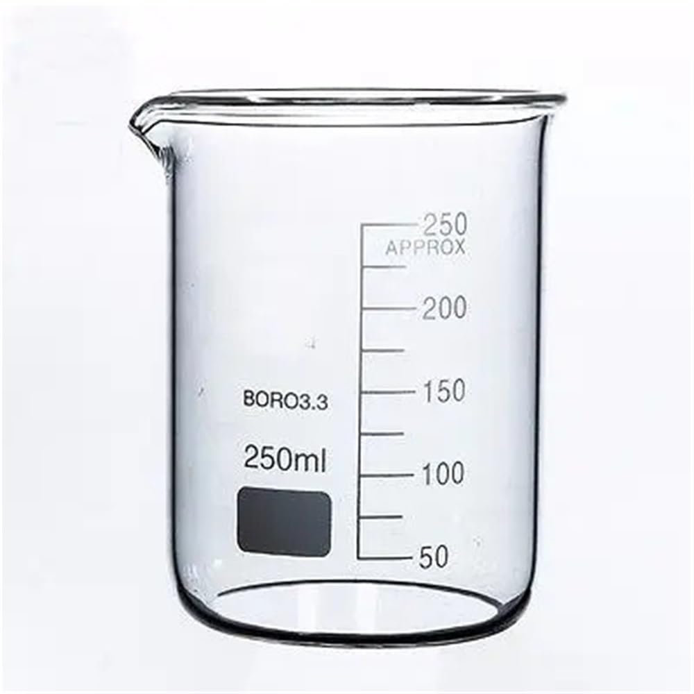 Messbecher aus Borosilikatglas 3.3 für Chemielabor, transparenter 250-ml-Becher, verdickte Becher mit niedriger Form und Ausguss