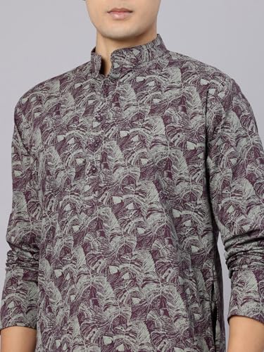 Image of Majestic Man Men's Regular Fit Ethnic Motifs Printed Pure Cotton Long Kurta with Mandarin Collar & Full Sleeves