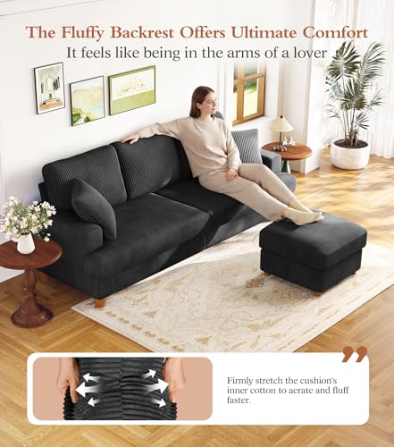 Image of 87 inch L shape Corduroy Couch, Sofa No Tool Assembly, Comfy Couches for Living Room 21in Deeper Seats, Corduroy Sofas for Living Room with 2 Pillows, Oversized Loveseat Sofa, Boho Love Seat, Black