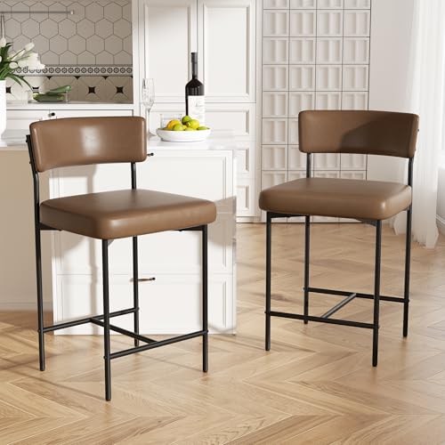 Image of Bar Stools Set of 2, Faux Leather Counter Height Barstools with Curved Back, 25 Inch Upholstered Bar Chairs, Modern Counter Stools for Kitchen lsland, Brown