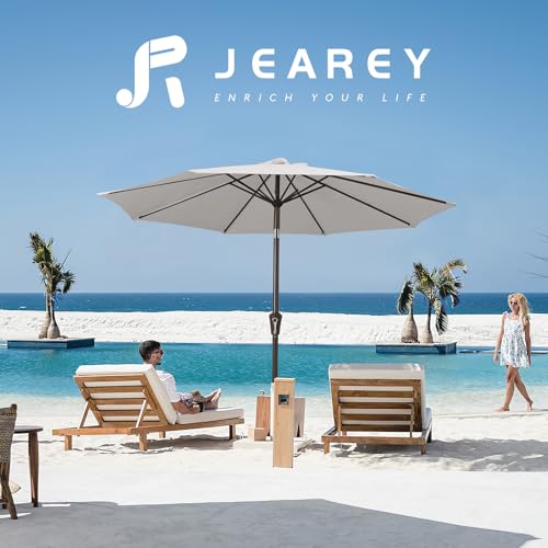 Image of JEAREY 9FT Outdoor Patio Umbrella Outdoor Table Umbrella with Push Button Tilt and Crank, Market Umbrella 8 Sturdy Ribs UV Protection Waterproof for Garden, Deck, Backyard, Pool (Fog Gray)
