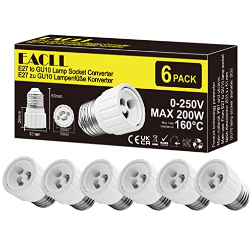 EACLL E27 zu GU10 Lampenfüße Konverter, 6er-Pack. Sparsame und Praktische Lampenfassung Adapter, Lampensockel aus Keramik, für GU10 LED- und Halogenlampen und CFL-Energiespar Leuchtmittel