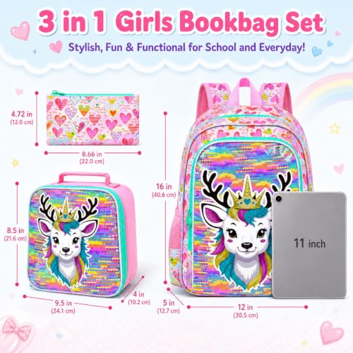 Image of CCJPX 16 inch Sika deer Backpack for Girls, 3Pcs Kids Sequin Bookbag with Lunch Box, Water Resistant Elementary School Bag for Kindergarten Preschool Toddler (Pink)