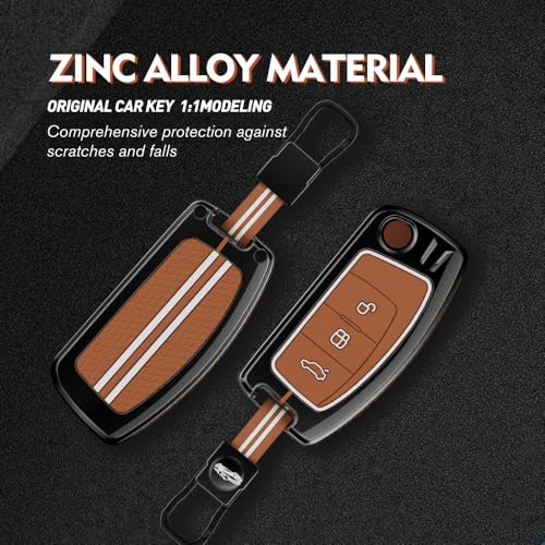 Image of Car Key Cover Compatible with Ford EcoSport (Old), Fiesta, Figo | 3-Button Flip Remote Key Shell with Stylish Keychain (Metal Brown)