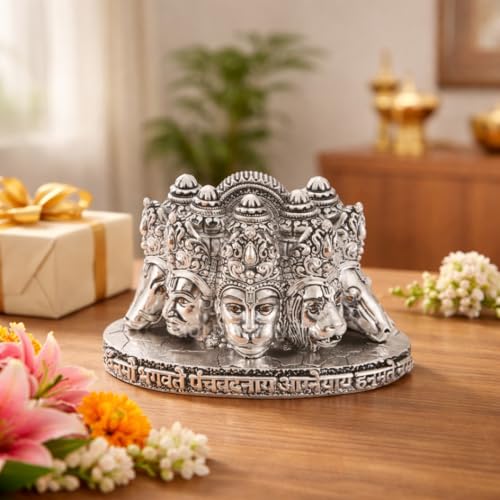 Image of Gold Art India Panchmukhi Hanuman Idol Silver Antique Finish Bust Design Decorative Murti for Home Temple, Car Dashboard, Office & Vastu Decor