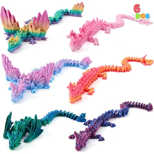JOYIN 6 juguetes grandes de dragón impreso en 3D de 12 pulgadas, 6 estilos de dragón de cristal articulado con alas en colores degradados, animales grandes y flexibles impresos en 3D para decoración