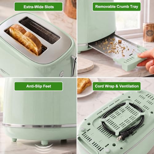 Image of 2 Slice Stainless Steel Toaster Retro with 6 Bread Shade Settings, Bagel, Cancel, Defrost Function, Extra Wide Slot, Removable Crumb Tray Green