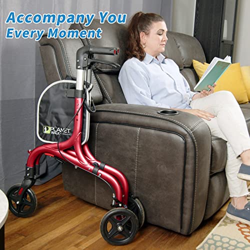 Planetwalk Premium 3 Wheel Rollator Walker For Seniors - Ultra Lightweight Foldable Walker For Elderly, Aluminum Three Wheel Mobility Aid, Brilliant Red #TOP5