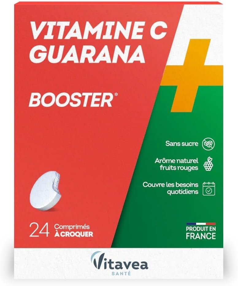Vitavea – Vitamin C Guarana – sugar-free booster natural red fruit flavour – made in France – 24 chewable tablets