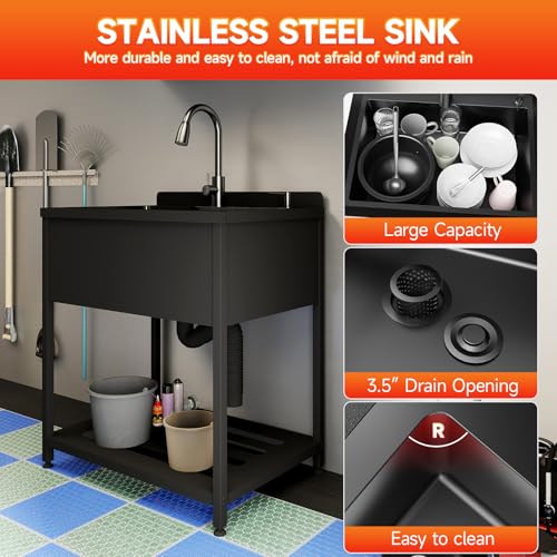 Image of Stainless Steel Utility Sink, 33.5 inch x 22 inch x 36.6 inchFreestanding Sink with Cold and Hot Water Faucet,Hoses and Drain Kit for Kitchens, Bathrooms, Garage, Laundry Room