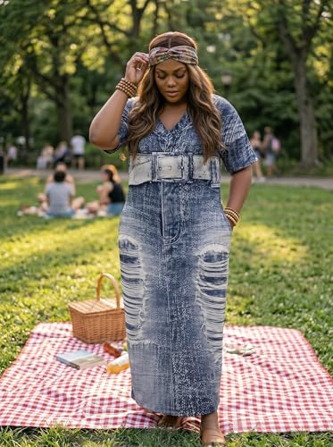 Image of Plus Size Maxi Dress for Women Short Sleeve V Neck Casual Loose Sundress with Pockets