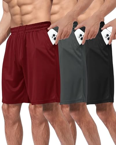 BOOJO 3er Pack Sporthose Herren Kurz Hosen mit Taschen Sport Shorts Schnell Trocknend Trainingshose für Gym Fitness(Schwarz/Dunkelgrau/Weinrot,XXL)
