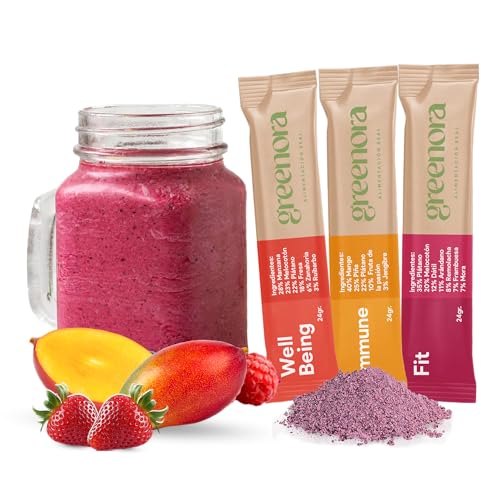 GREENORA Smoothie Vegano Fruta Liofilizada Polvo 100% Natural. Deshidratada. Fresa Manzana Jengibre Mango Remolacha. Sin Azúcar Añadido 9x24g