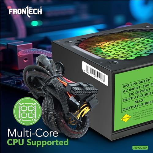 Image of Frontech Ultima 650W Power Supply with 120mm RGB Fan, ATX 12V, DC-DC PFC, 4 SATA, 2 Molex, PCI-E (6+2), Sleeved Cables, OCP /OVP /SCP Protections & 3-Year Warranty (PS-0015P)