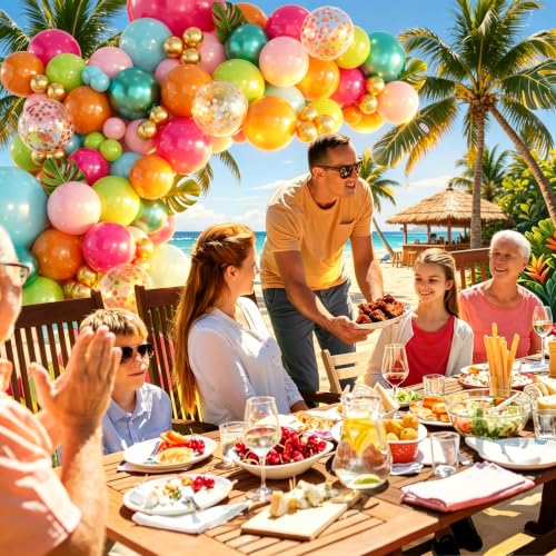 Image of 146PCS Tropical Balloon Arch Garland Kit, Olive Green Hot Pink Orange Rose Gold Confetti Balloons For Hawaiian Luau Aloha Flamingo Party Decorations Birthday Summer Beach Supplies