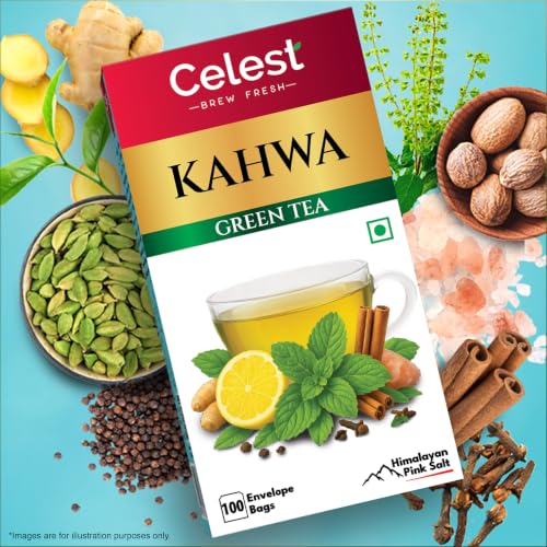 Image of Celest Green Tea Kahwa - 100 Tea Bags | Kahwa Green Tea | Helps in Detox | Contains Desi Herbs & Spices