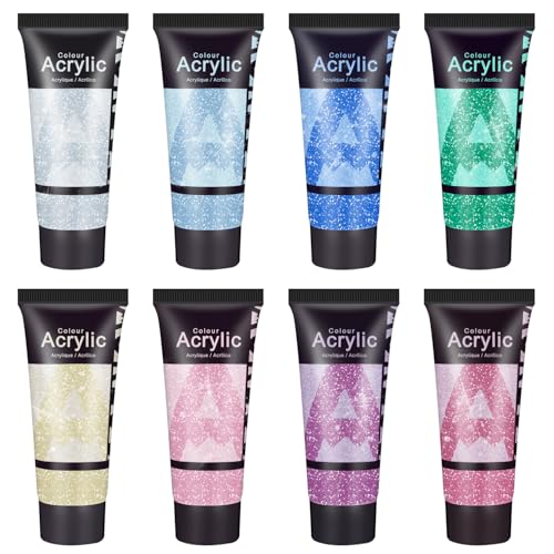Aureuo Galaxy Glitter Acrylic Paint Set - 8 Twinkle Iridescent Colors 0.71 Fl Oz / 21Ml Tubes Sparkling Art Paints For Mother's Day Crafts Decor Non-Toxic Painting Supplies For Artists