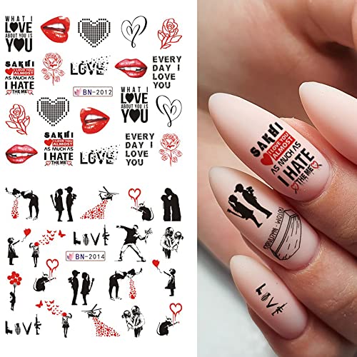 Heart Nail Art Stickers, Valentine's Day Nail Art Decals Love Nail Art Water Transfer Decals Heart Nail Supplies Romantic Miss You Letter Kiss Rose Flowers Design Nail Decorations For Woman Girls Kids #TOP3