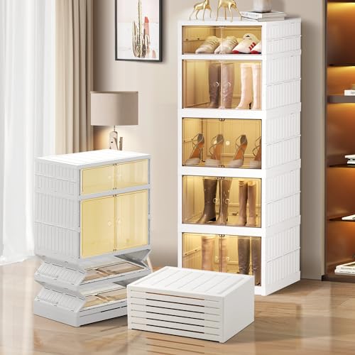 Image of CIMLORD 5-Tier Foldable Shoe Rack Organizer for Boots, 10 Pairs, White | Collapsible Narrow Plastic Shoe Cabinet Storage, Fits Tall Boots, Stackable with Lids, Easy Assembly, for Closet & Entryway