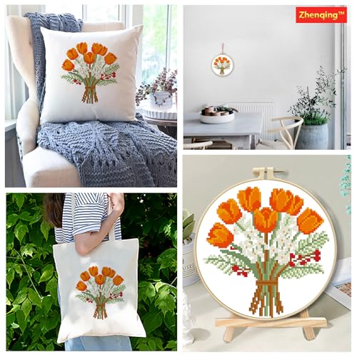 Image of Zhenqing Orange Tulip Bouquet Cross Stitch Kit for Beginners - Complete Set with Pre-Printed 11CT 24x24cm Fabric, Hoop & Threads(70359)
