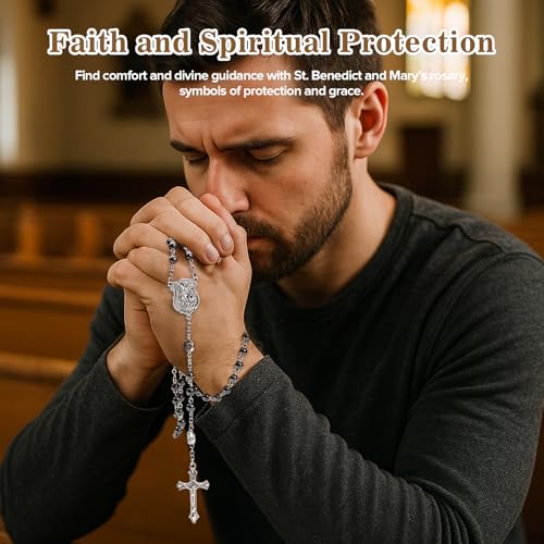 Saint Michael Necklace for Men Women,St Michael The Archangel Pendant for Religious Gifts,Catholic Black Rosary Beads First Confirmation Gifts for Teenage Boys,Rosarios Catolicos Para Hombre Mujer4