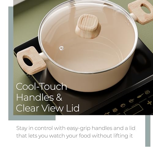 Image of Lifelong Forged Casserole 24 cm with Non-Riveted Wooden Handle & Glass Lid | Ceramic Coated | 4.4L Capacity Serves 5-6 | for Curries, Dal & Pulao | Induction & Gas Compatible | PFOA-Free Non-Stick