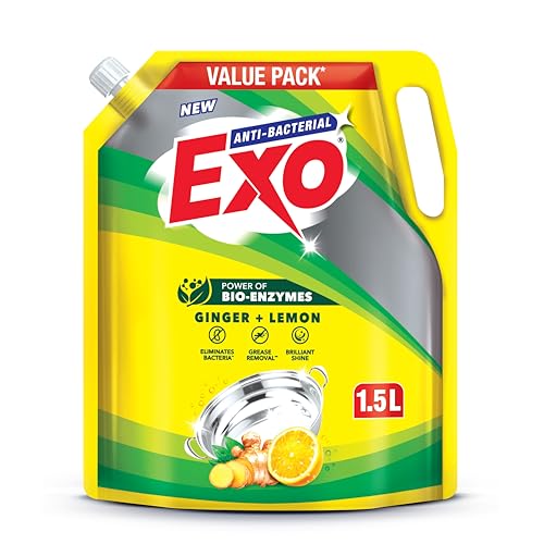 Exo Anti-Bacterial Liquid Dishwash Gel - 1.5L Value Pack| Anti-Bacterial Formula with Ginger & Lemon for Sparkling Clean Utensils |Powered with Bio Enzymes for Tough Grease Removal & Brilliant Shine