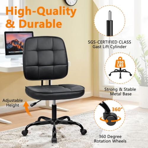 Image of CLATINA Armless Home Office Chair with Lumbar Support and Wheels, Small PU Leather Ergonomic Low Back Desk Chairs No Arms, Adjustable Height 360 Swivel Rolling Computer Task Chair, Black, 8 Pack