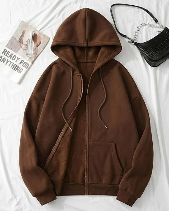 Image of NETCLICK Women's Polycotton Fleece Plain Full-Zip Hooded Winter Sweatshirt