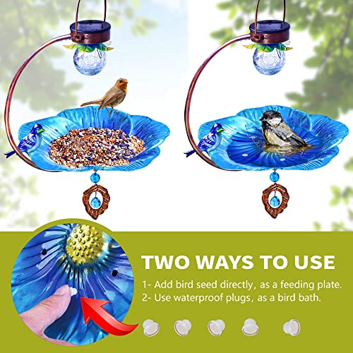Solar Bird Feeder & Bird Bath for Outside Hanging Wild Birdfeeders Seed Tray Outdoor Solar Powered Garden Light Metal Bird Décor Yard Landscape Six Color LED 9.5 Inch Waterproof