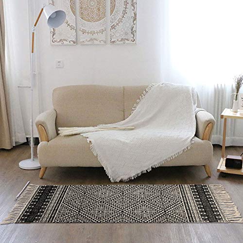 Famibay Cotton Boho Rug 2X3+2X4.2Ft Black And Cream Diamond Symmetry Kilim Printed Woven Area Throw Rug With Tassels Accent Small Boho Rug For Entryway Laundry Bedroom Dorm thumb #1