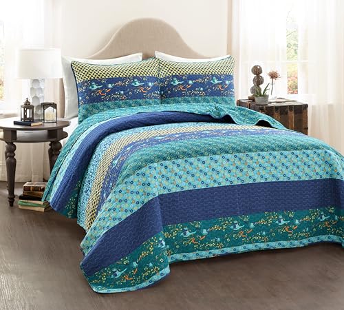Image of Lush Decor Royal Empire Reversible Cotton Quilt Set, 3 Piece Set King, Peacock - Striped Bedding Set - Floral Quilt King Size - Blue Bedding - Boho Decor