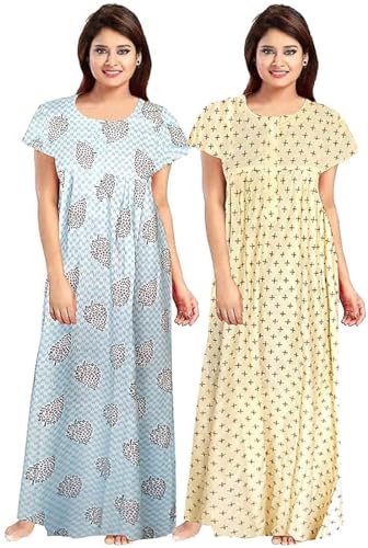 Image of YUKATA Nighty for Women Cotton Printed Maxi Gown Ankle Length Nighty Night Dress Gown for Women Maxi - Free Size (Pack of 2)