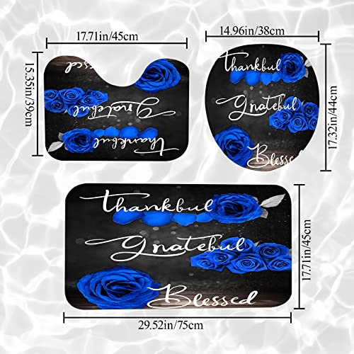 4Pcs Blue Rose Shower Curtain Set, Thankful Grateful Blessed Bathroom Curtain With Non-Slip Rug, Toilet Lid Cover, Bath Mat And 12 Hooks, Romantic Royal Blue Floral Wedding Decor For Bath, 72 X 72 In #TOP2