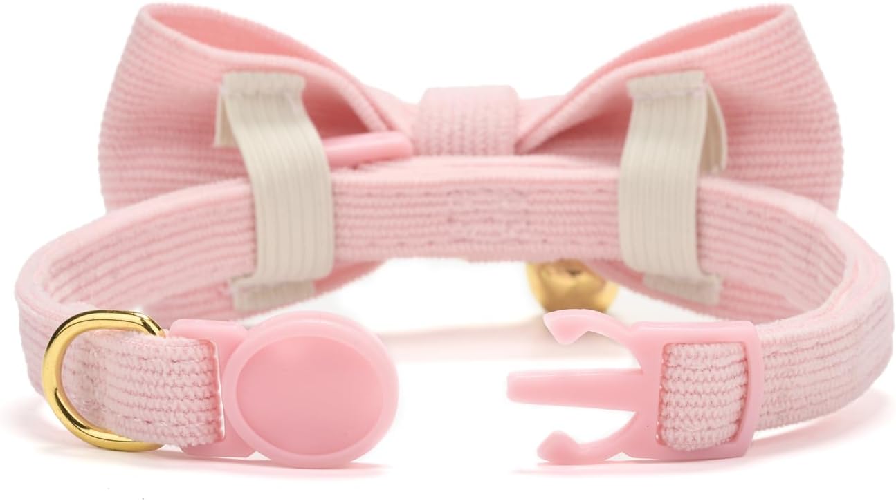 Soft Corduroy Cat Collar with Bell and Bowtie, Safety Breakaway Clasp, Adjustable for Kitten and Cats Pink Color. image 4