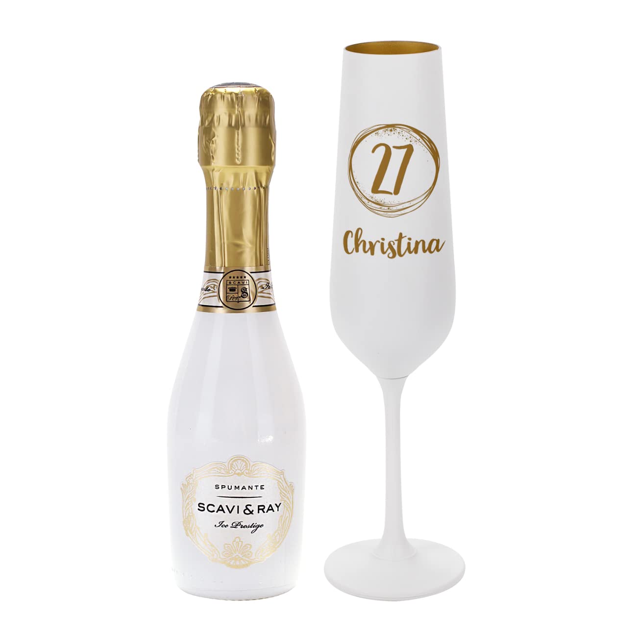 Herz & Heim® Geschenkset mit graviertem weiß-goldenem Sektglas und Piccolo Fläschchen/verschiedene Motive/mit Wunschname Happy Birthday mit Alter und Name