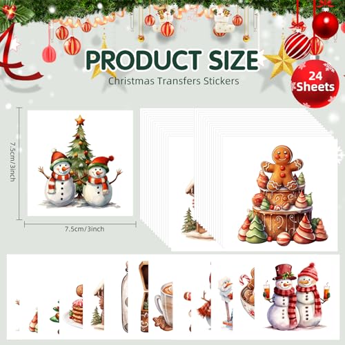 Image of ZMRU 24 Sheets Vintage Christmas Rub On Transfers for Crafts, Rub On Transfers Christmas for Wood Slices,Furniture Decals, Glass, Leather, Canvas, Fabric Projects,3 * 3inch(Gingerbread and Snowmen)