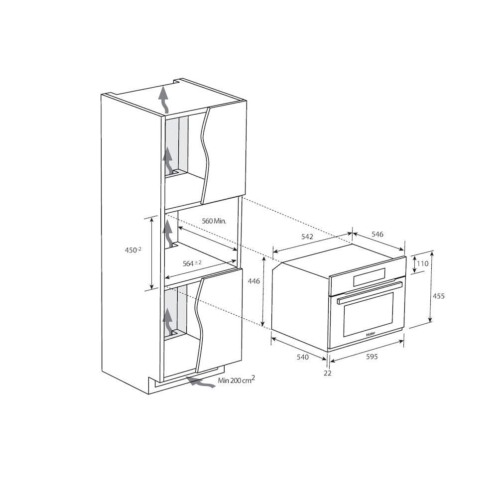 Haier I-TOUCH SERIE 6 HWO45NB6T0B2/DE/Einbaumikrowelle mit Heißluft und Grill/Nische 45 cm/Touch-Bedienung mit TFT / 12 Programme/Mikrowelle 900 Watt/Grill 1.530 Watt/Volumen 34 l