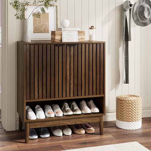 Kiasthome Meuble à Chaussures avec Portes à Lames Ventilées, Rangement Chaussures en Bois, Étagère à Chaussures pour Entrée, Couloir, Salon (Noyer,...