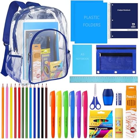 Back to School Supplies for Kids, Clear Backpack with 65 Piece School Supply Kit for Grades K-5 Boys and Girls, Bulk School Stationery Set for Elementary, Middle School Students (Blue) Cover