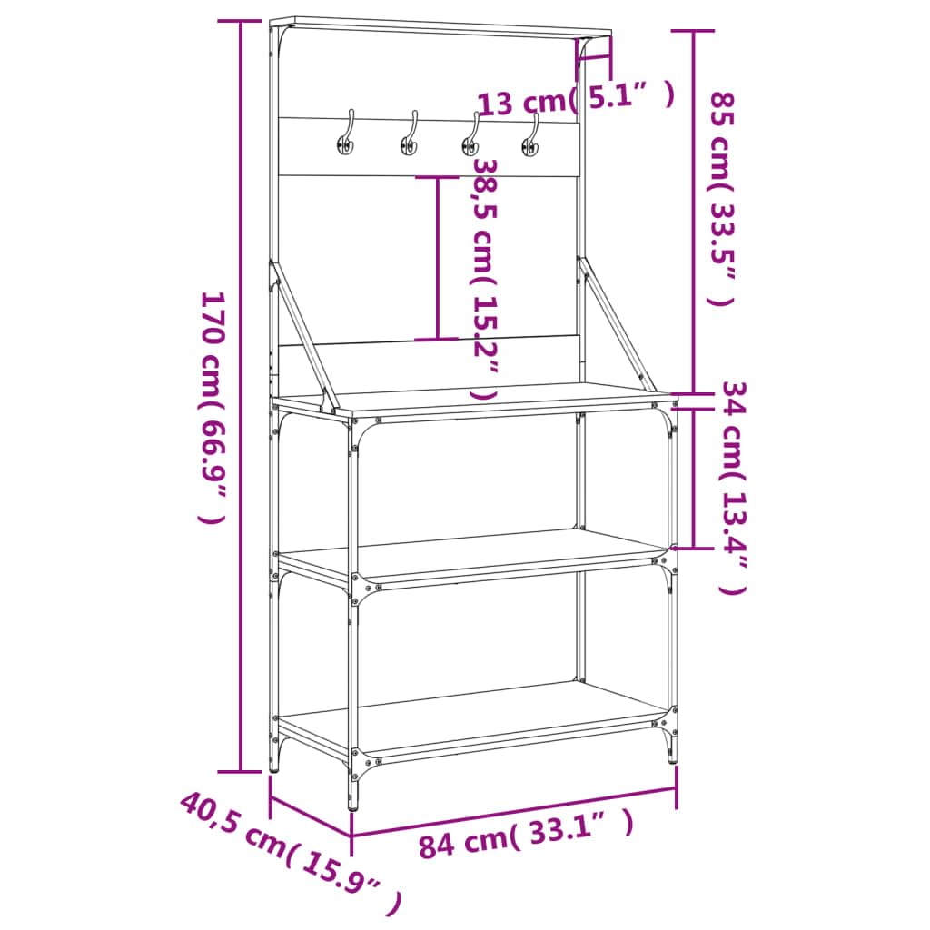 vidaXL Bäckerregal mit Haken 4 Böden Sonoma-Eiche Holzwerkstoff