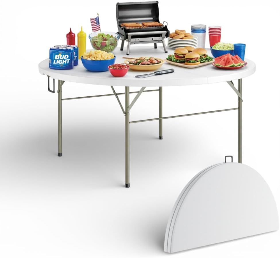 5 Ft Round Bi-Fold Folding Table with Carry Handle, 60" Bi-fold Table, Portable Plastic Table with Steel Legs for Party, Dining, Wedding, Events, Picnic, Indoor Outdoor Use