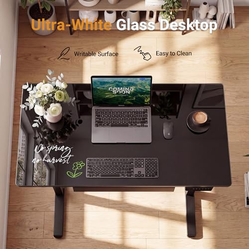 Image of YDN Glass Standing Desk with Drawer, 35 x 19 Inches Electric Adjustable Height Desk, Sit Stand Home Office Desk with Tempered Glass Top, 4 Memory Presets Ergonomic Computer Desk, Black