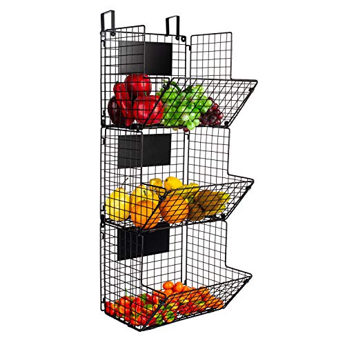 YUKOOL 3-Tier Metal Wall-Mounted Wire Baskets with Hanging Hook and Chalkboards, to Put Fruits, Vegetables, Snacks or Product Storage and Organization, etc in Kitchen