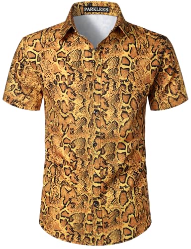 PARKLEES Mens Animal Print Shirt Casual Snake Pattern Short Sleeve Button Down Shirt Gold Yellow Large